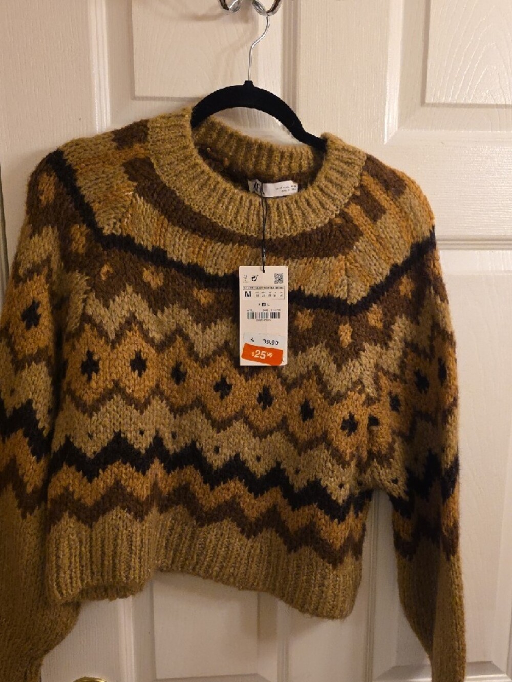 Zara Women’s Mustard and Brown Fair Isle Crewneck Sweater - Picture 3 of 6